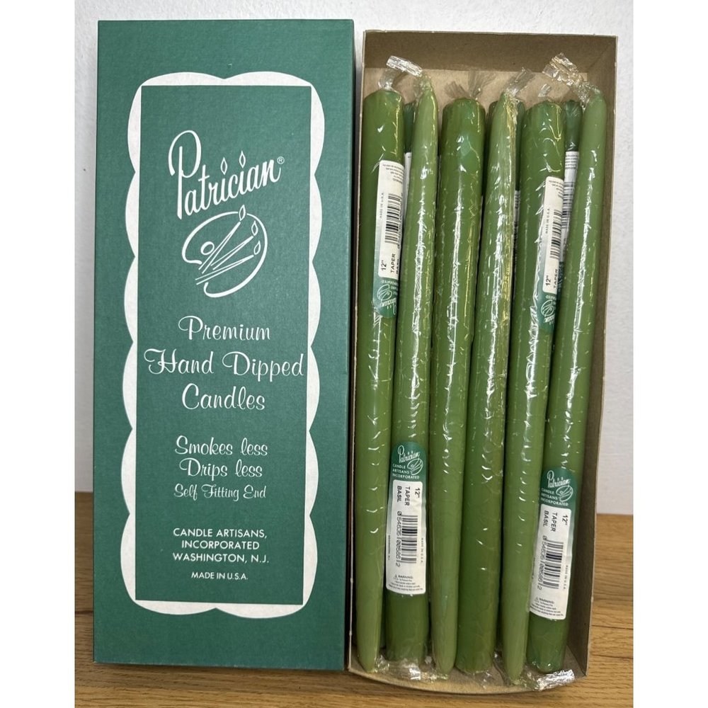COPY - Patrician 12-inch Hand Dipped TAPER CANDLES Basil (Green) 12 NEW in Box …